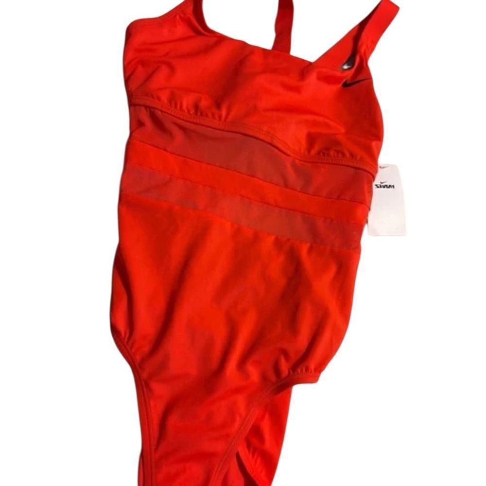 Nike Swim Solid Mesh V- Back One Piece Red Competition Swimwear Racing L - Picture 3 of 7
